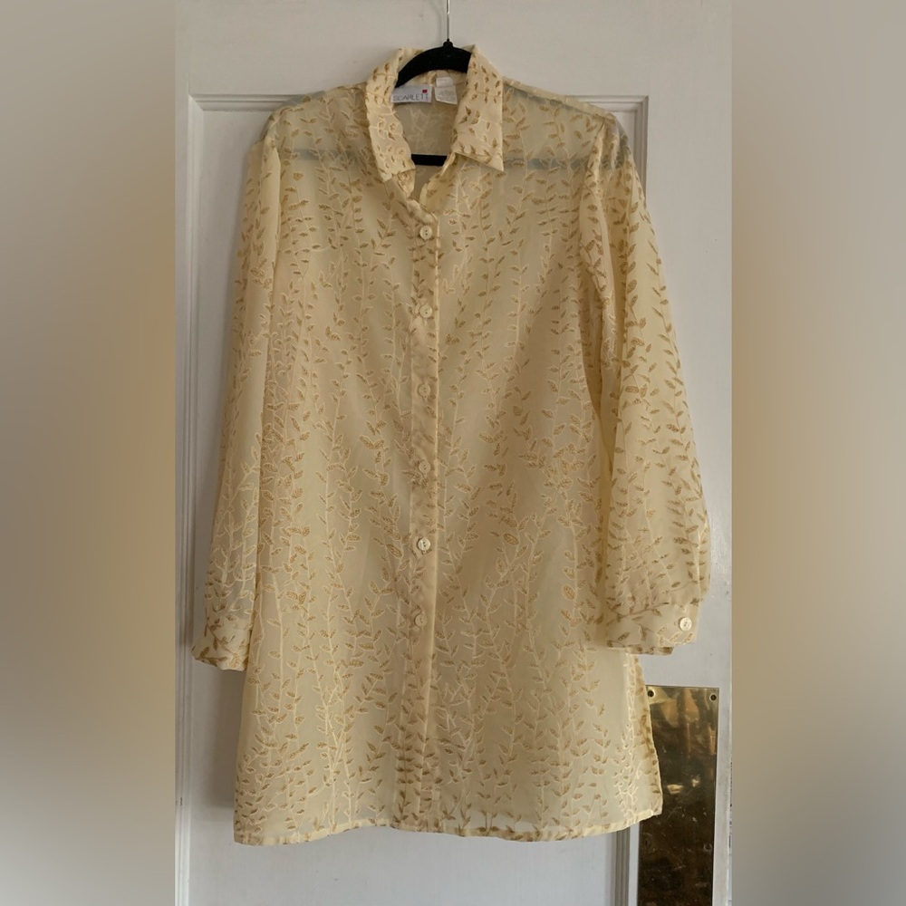 Vintage Scarlett Mini Shirt Dress 11/12 Button Up Cream Gold Leaves Retro Sheer